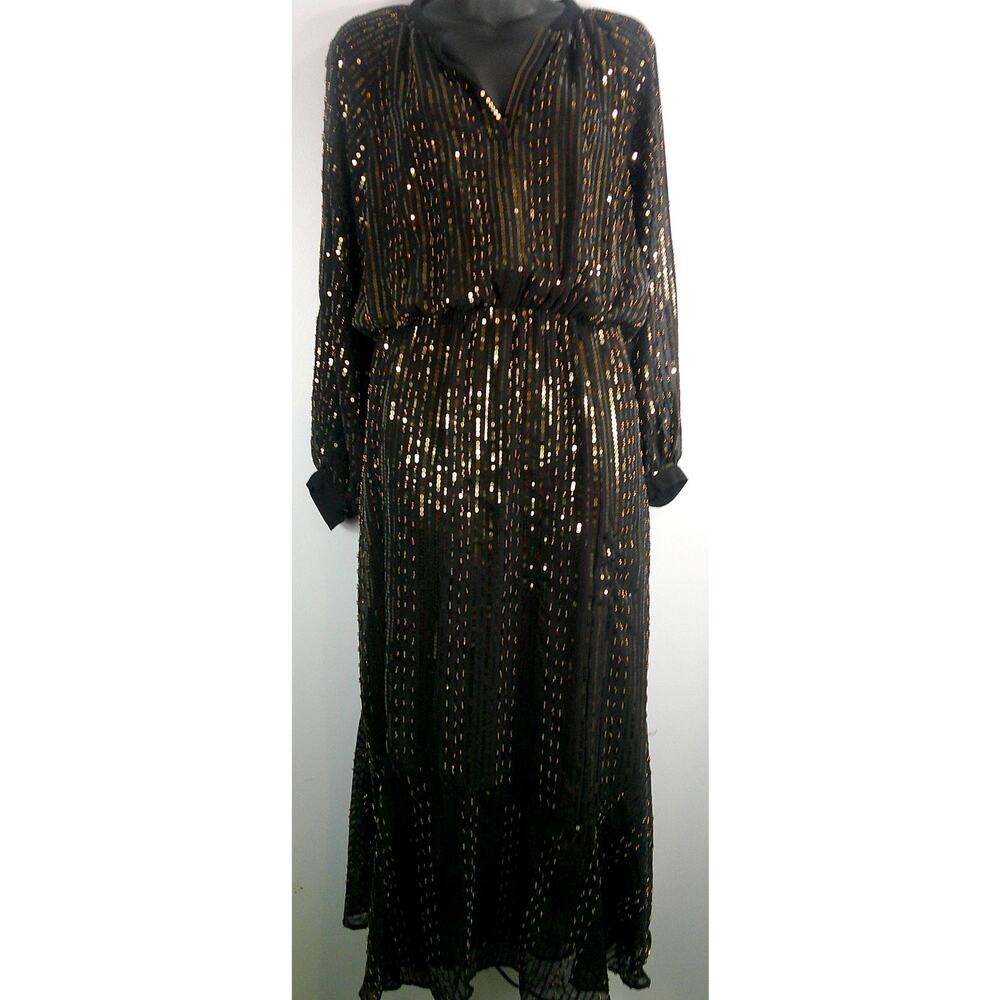 Zara Long Black Dress with Gold Sequins – Women’s XS – NWT Elegant V-Neck